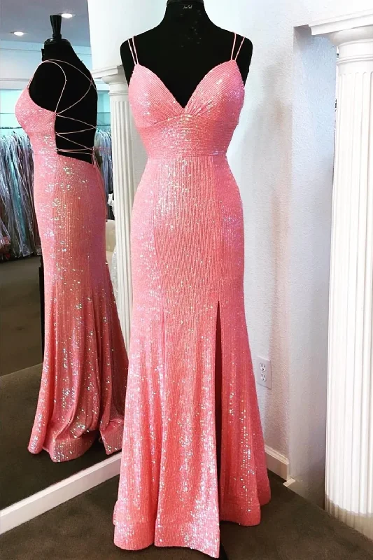 Pink Sequin V-Neck Side Slit Mermaid Long Formal Dress gh1117