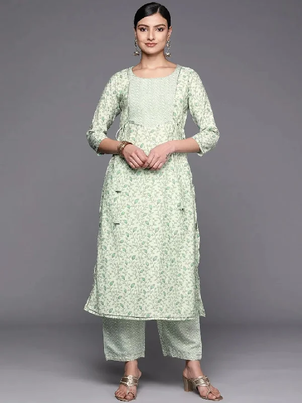 Green Printed Silk Blend Straight Kurta With Trousers