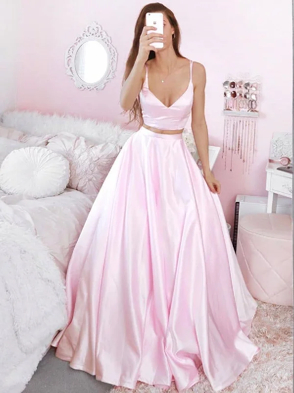 V Neck Two Pieces Pink Satin Long Prom Dresses, 2 Pieces Pink Formal Dresses, Pink Evening Dresses, Ball Gown