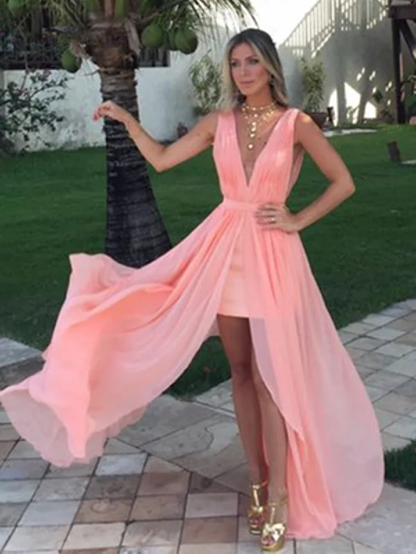 A Line V Neck Ruffles Pink Chiffon Long Prom Dresses, Pink V Neck Formal Dresses, Pink Long Evening Dresses