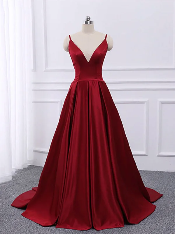 A Line V Neck Spaghetti Straps Backless Burgundy Satin Long Prom Dresses, V Neck Burgundy Formal Dresses, Burgundy Evening Dresses