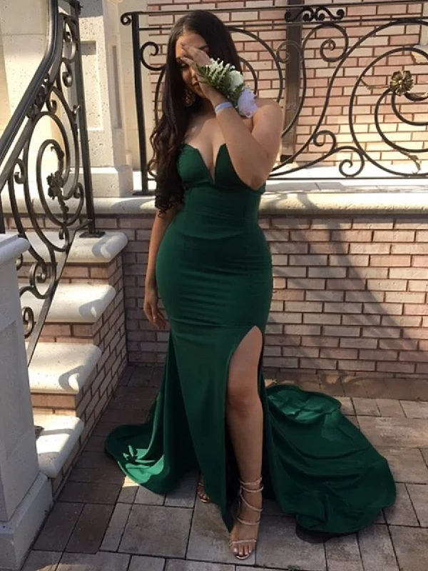 Dark Green Strapless Mermaid Split Long Prom Dresses with Sweep Train, Mermaid Dark Green Formal Dresses, Evening Dresses