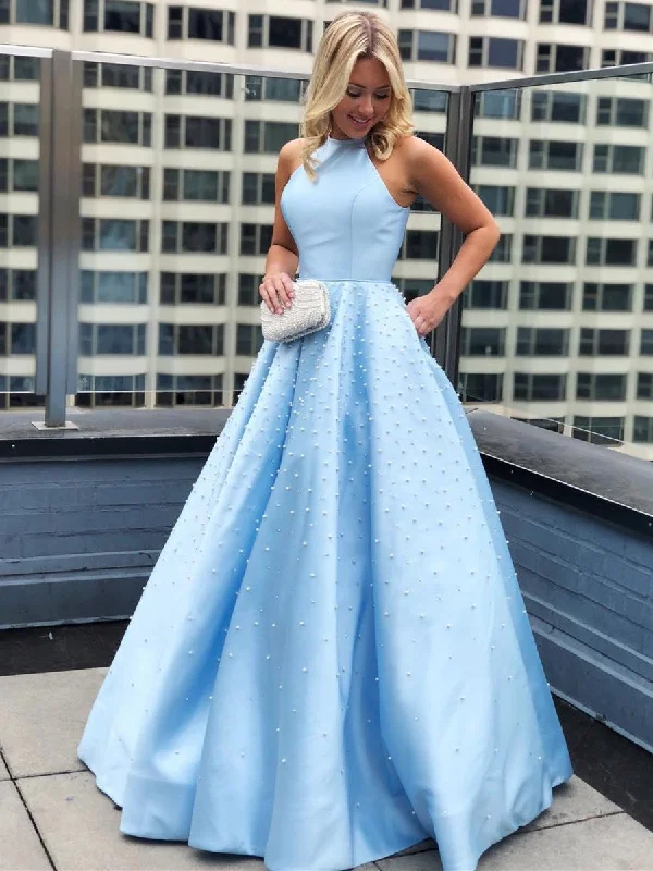 Sky Blue Halter Neck Beaded Long Prom Dresses, Elegant Sky Blue Formal Dresses, Evening Dresses