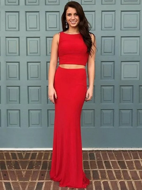 Elegant Mermaid Two Pieces Round Neck Red Long Prom Dresses with Ruffles Sweep Train, Mermaid Red Formal Dresses, Red Evening Dresses