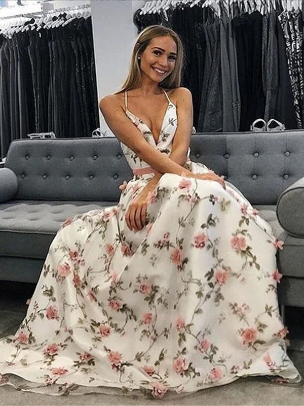 Charming A Line V Neck Backless 3D Flower Long Prom Dresses with Appliques, V Neck Graduation Dresses, Evening Dresses