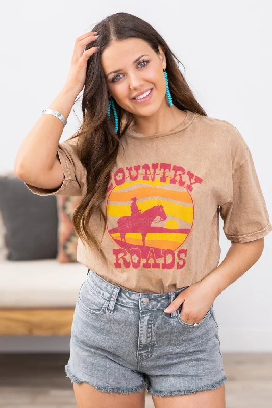 Taupe Washed Country Roads Graphic Tee