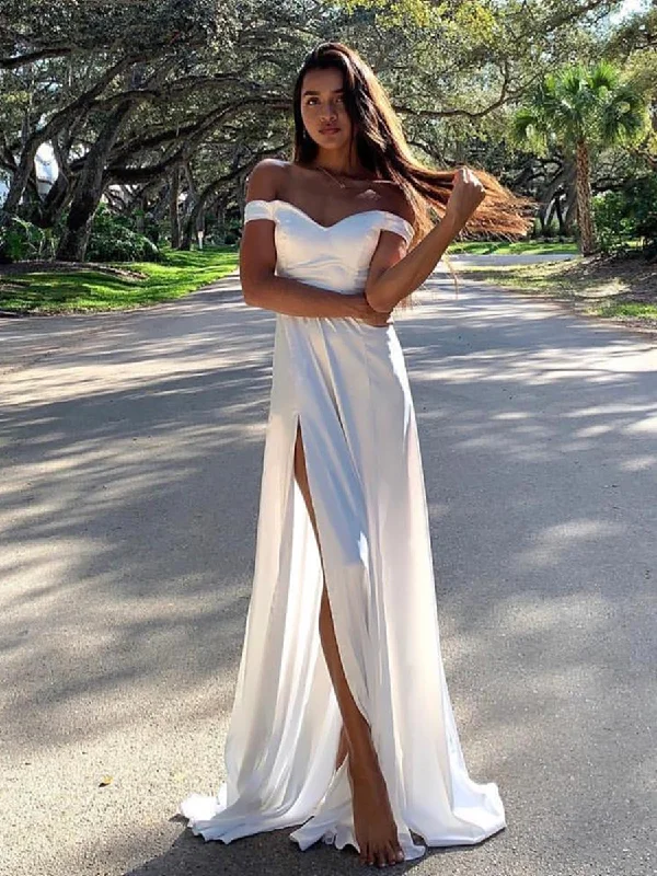 Off the Shoulder High Split White Long Prom Dresses, Off Shoulder White Formal Dresses, Evening Dresses