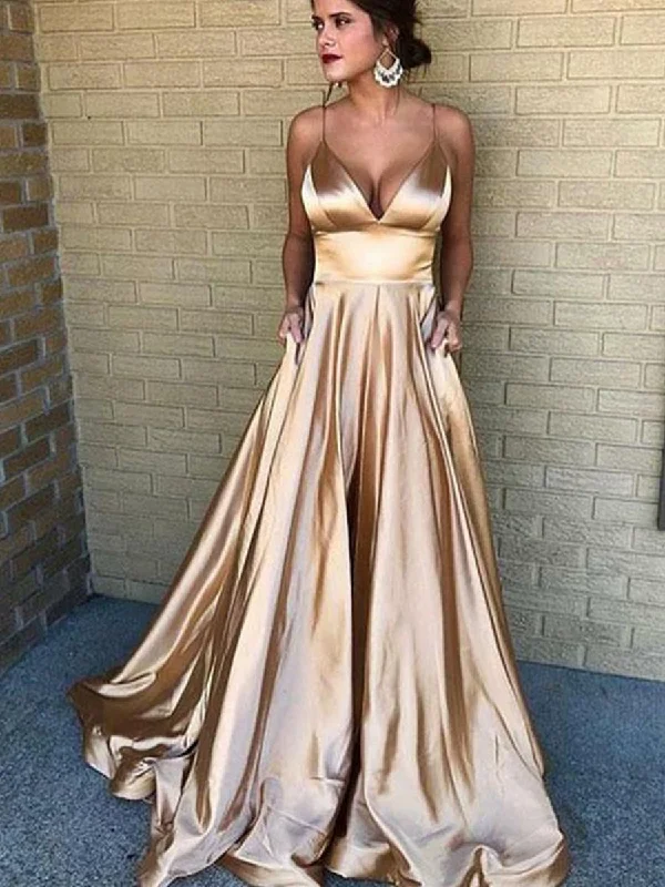 A Line V Neck Spaghetti Straps Champagne Long Prom Dresses, Champagne Formal Dresses, Evening Dresses