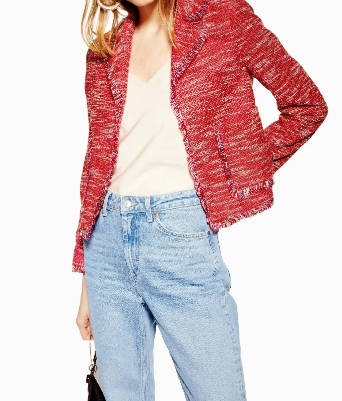 Jersey Boucle Open Front Blazer In Red