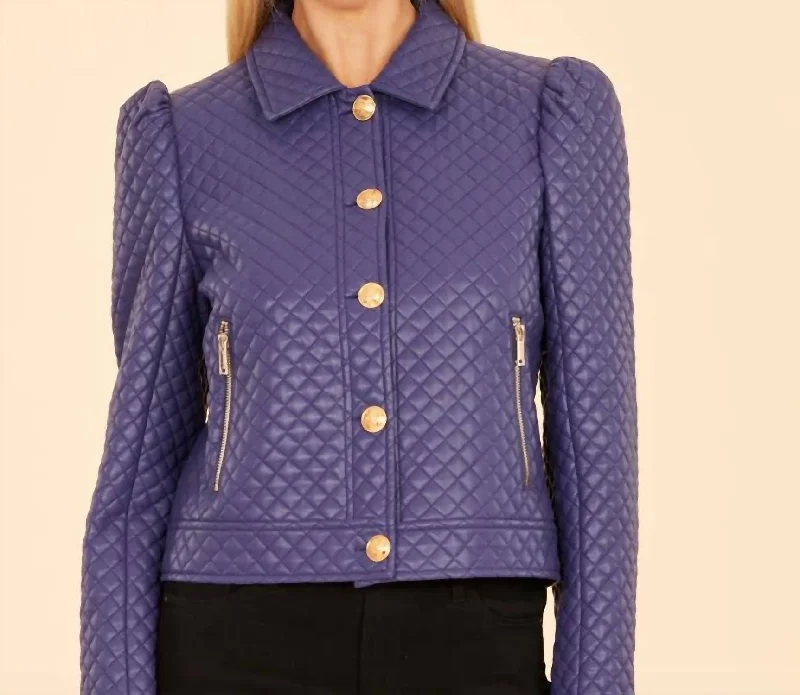 Quilted Faux Leather Puff Shoulder Jacket Purple