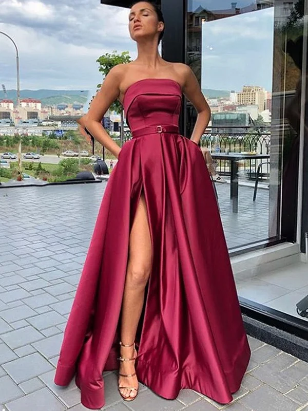 Custom Made A Line Burgundy Satin Long Prom Dresses with High Slit, Burgundy High Slit Long Formal Dresses Evening Dresses, Burgundy Graduation Dresses