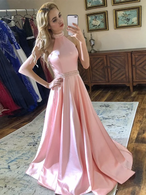 A Line Halter Neck Backless Beading Satin Long Pink Prom Dresses, Backless Pink Formal Dresses, Pink Evening Dresses