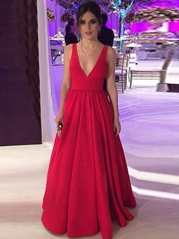 Red A Line V Neck Backless Long Prom Dresses, V Neck Red Formal Dresses, Red Evening Graduation Dresses