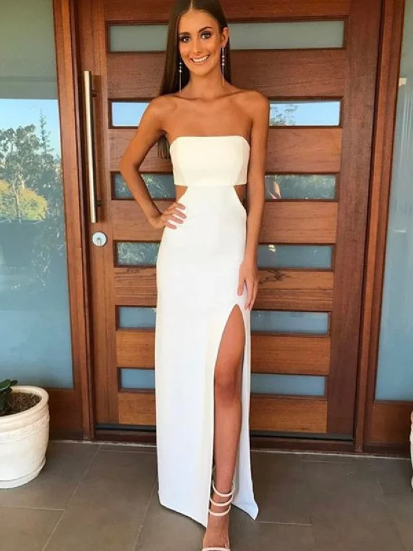 Unique Strapless Waist Cutout White Long Prom Dresses with Slit, Waist Cutout White Slit Formal Evening Dresses