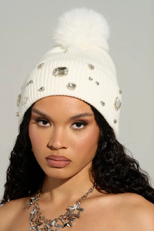 DIAMOND HOUR EMBELLISHED BEANIE IN WHITE