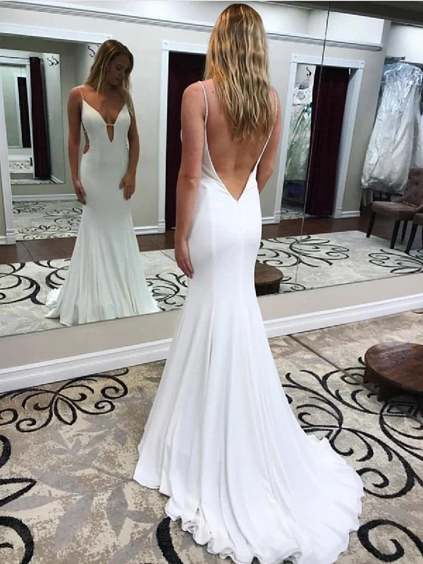 White Deep V Neck Mermaid Backless Long Prom Dresses with Sweep Train, White Backless Formal Dresses, White Evening Dresses