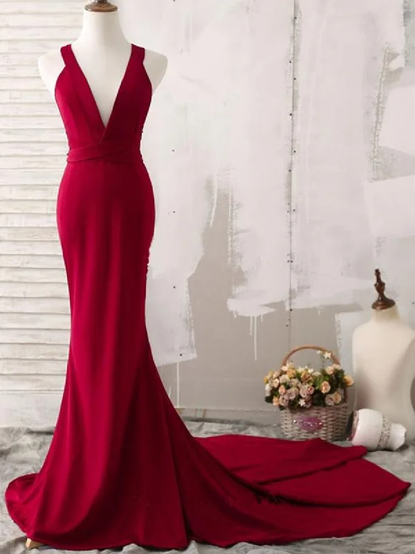 Burgundy V Neck Mermaid Open Back Satin Long Prom Dresses with Sweep Train, V Neck Backless Burgundy Formal Dresses, Burgundy Evening Dresses