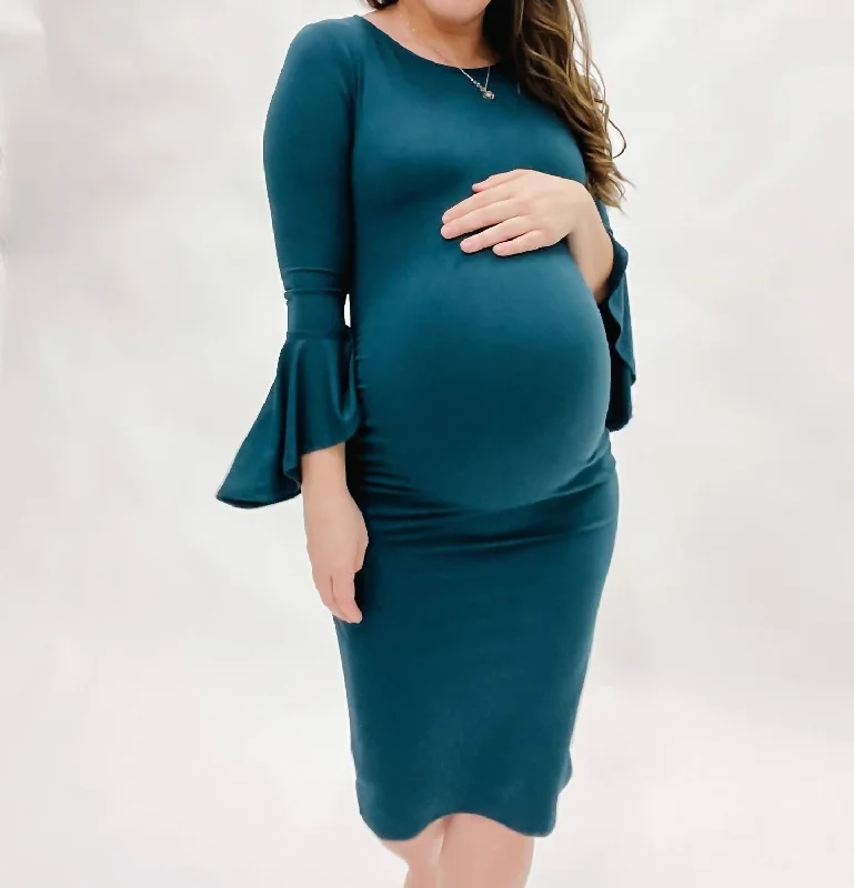 Bell Sleeve Bodycon Maternity Dress In Evergreen