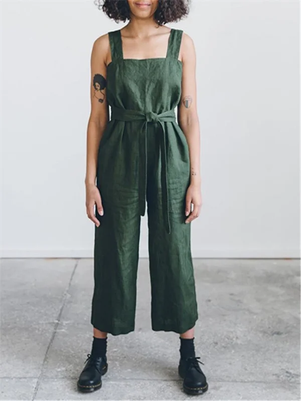 Fashion Solid Color Cotton Linen Collar Jumpsuits