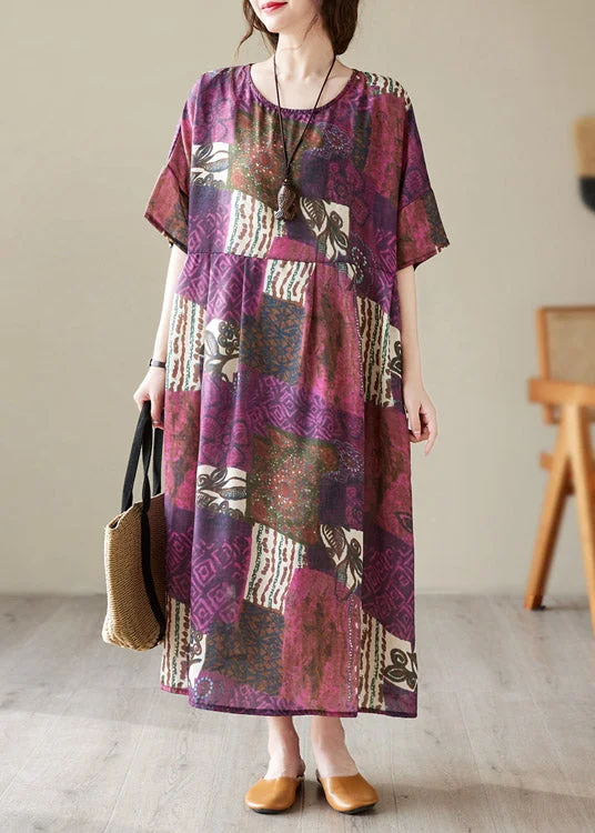 Loose O-Neck Print Maxi Dresses Short Sleeve