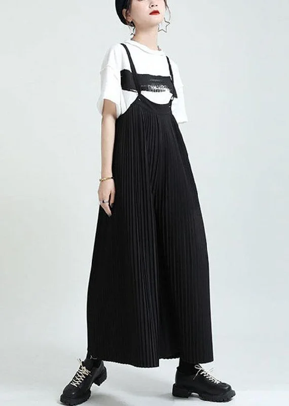 Casual Black High Waist Wrinkled Wide Leg Summer Jumpsuit