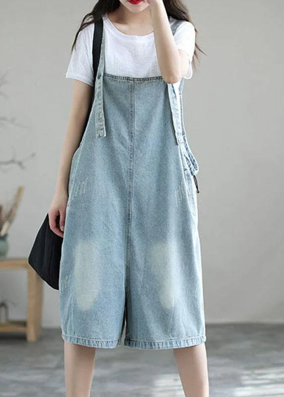 Light Blue Retro Loose Pockets Summer Denim Jumpsuit Shorts