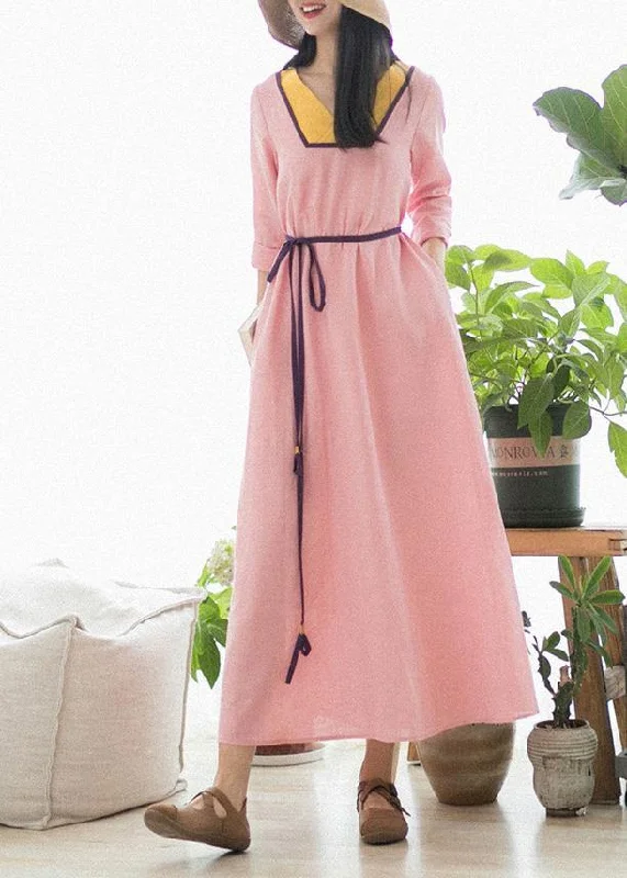 Beautiful V Neck Patchwork Spring Clothes Fabrics Pink Maxi Dress