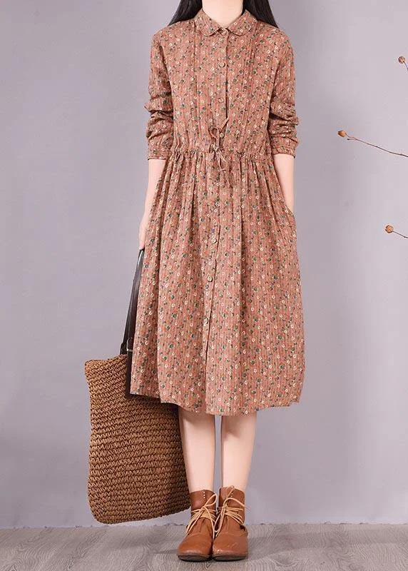 French Brown Print Dresses Lapel Drawstring Maxi Spring Dress