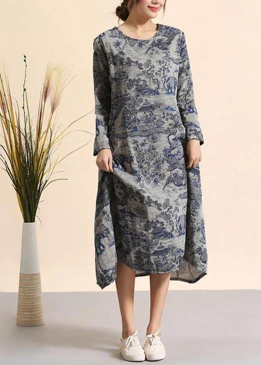 Beautiful Navy Print Quilting Dresses O Neck Pockets Maxi Dresses