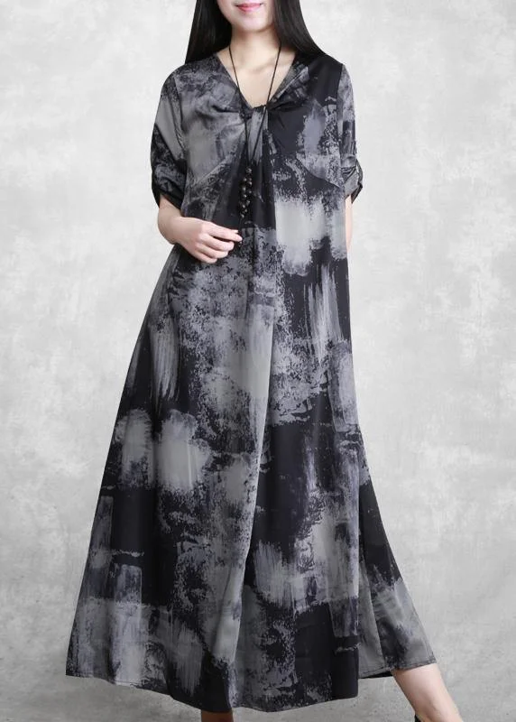 Beautiful V Neck Asymmetric Quilting Clothes Design Gray Print Maxi Dress