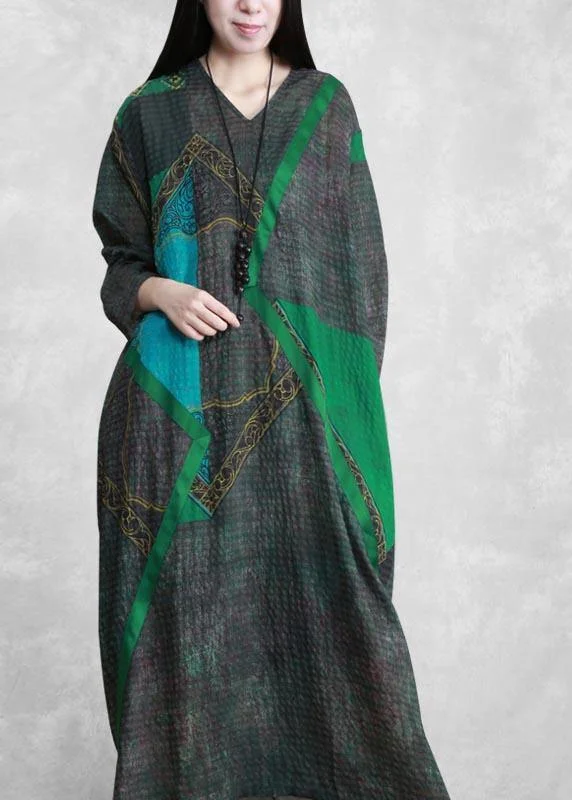 Elegant Green Print Tunic Pattern V Neck Patchwork Maxi Spring Dress