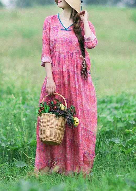 French Rose Print Clothes Women V Neck Patchwork Maxi Spring Dress