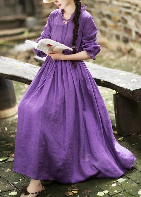 Women O Neck Ruffles Spring Dress Neckline Purple Maxi Dresses