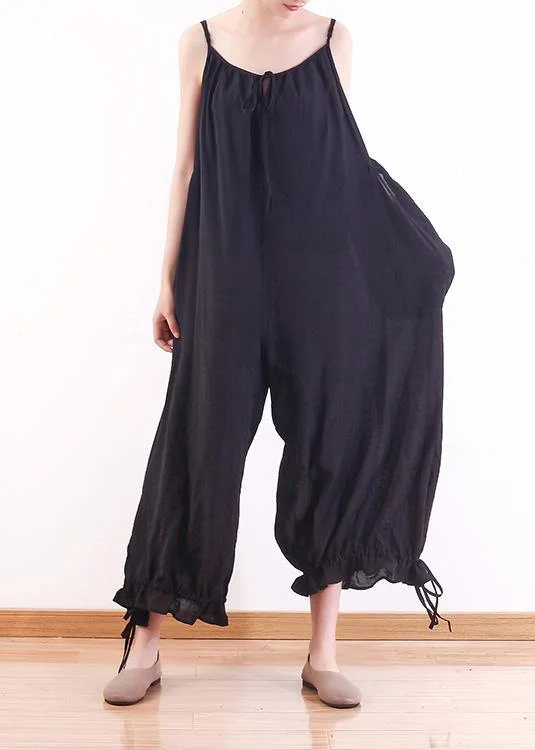 Black loose drawstring  suspender wide leg jumpsuit