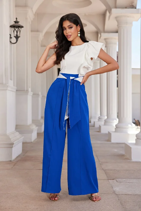 BLUE RUFFLED ONE SHOULDER W/WIDE LEG JUMPSUIT CJ33294