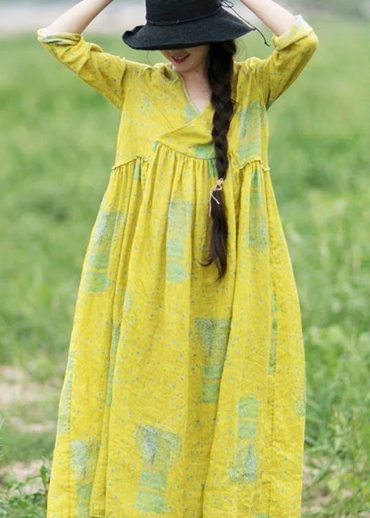 French Yellow Print Clothes Women V Neck Cinched Maxi Spring Dress