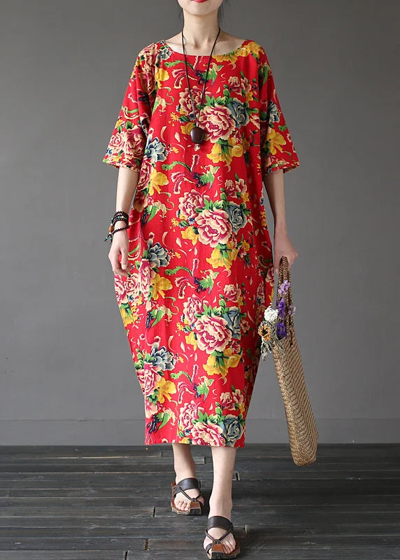 Unique Red O-Neck Print Holiday Cozy Maxi Dress Summer