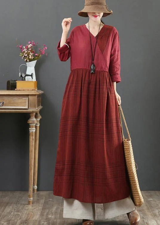 Modern Burgundy Plaid Tunic V Neck Tie Waist Maxi Spring Dress