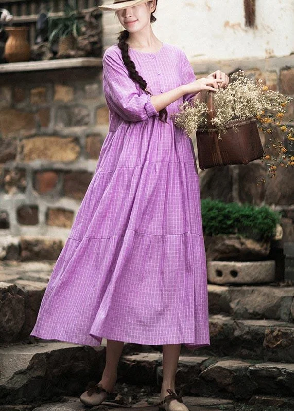 French Purple Plaid Clothes O Neck Patchwork Maxi Spring Dresses