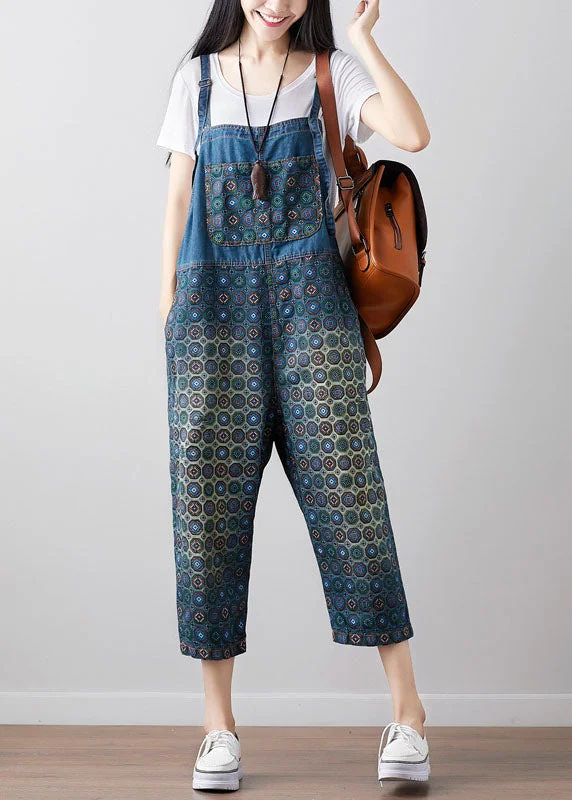 Loose dark Blue Print denim Jumpsuit Spring