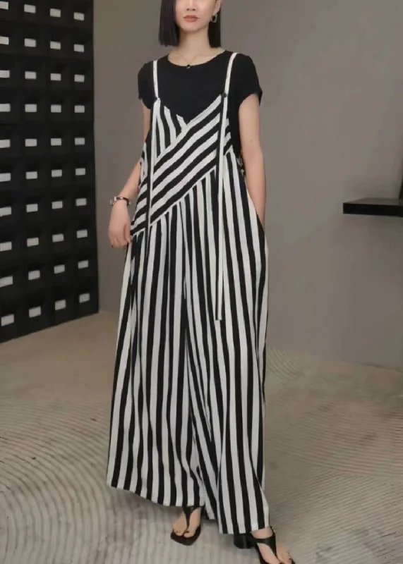 Bohemian Black White Striped Oversized Wide Leg Pants Jumpsuits Spring