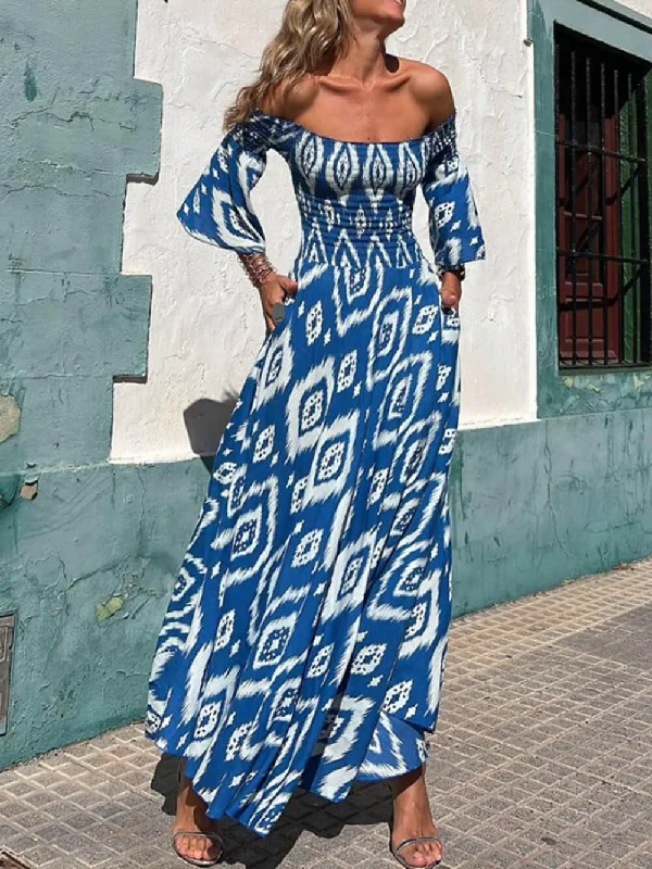 Vacation Ethnic Print Smocked Graceful Off Shoulder Pocketed Maxi Dress