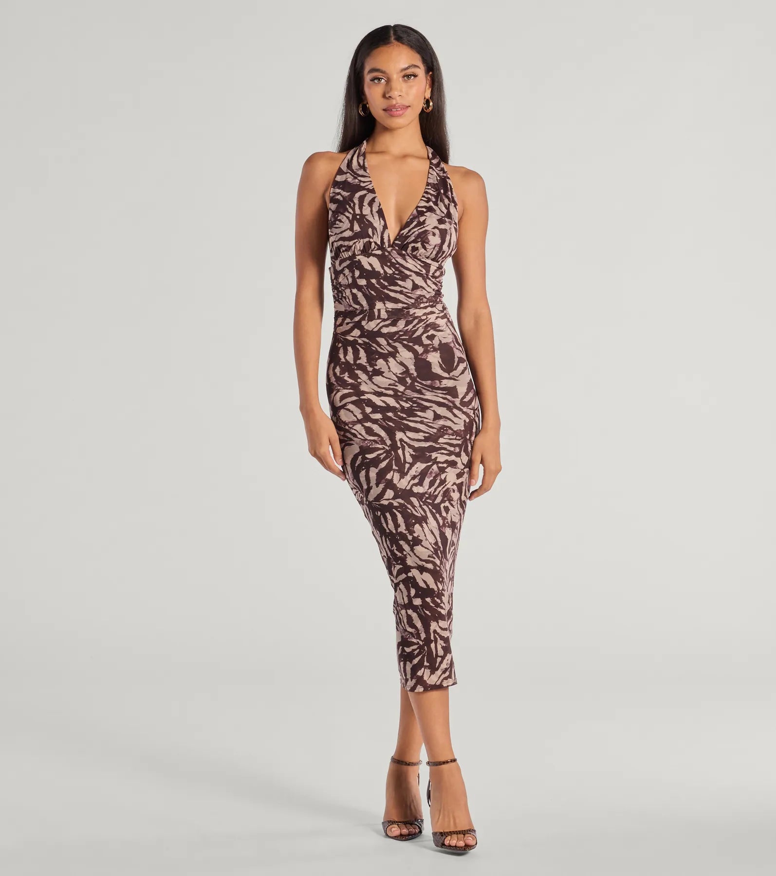 Fierce Style Zebra Print Mesh Halter Midi Dress