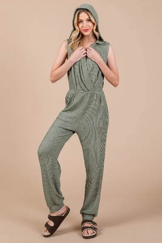 OLIVE TEXTURED PLOY KNIT HOODIE RIB DETAILED JUMPSUIT CFBC61526SA