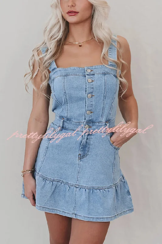 Solid Square Neck Suspender Button Pocket Denim Mini Dress