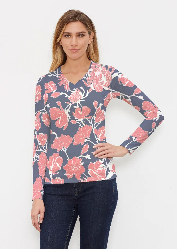 Melina Blooms Navy (7721) ~ Butterknit Long Sleeve V-Neck Top