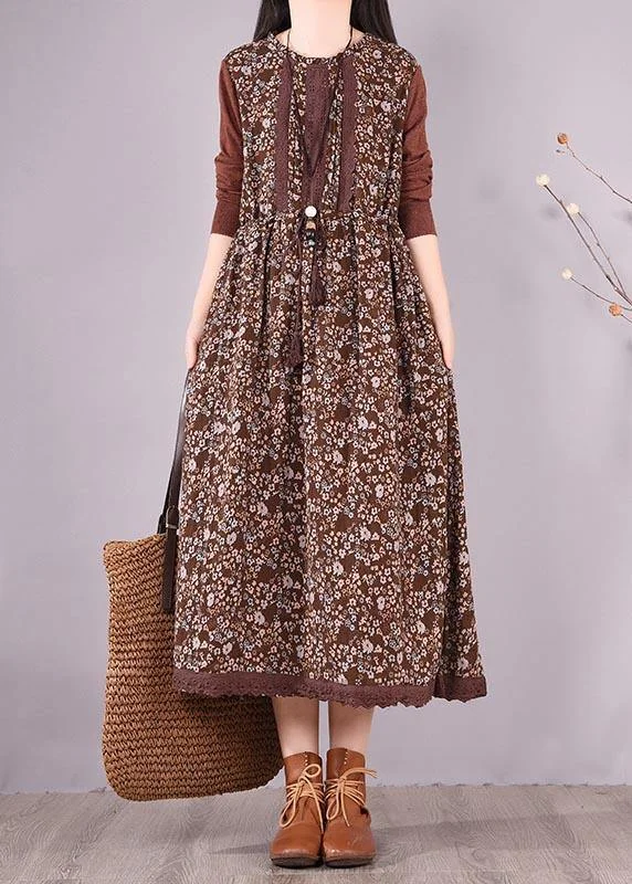 Natural O Neck Lace Spring Clothes Design Chocolate Print Maxi Dress