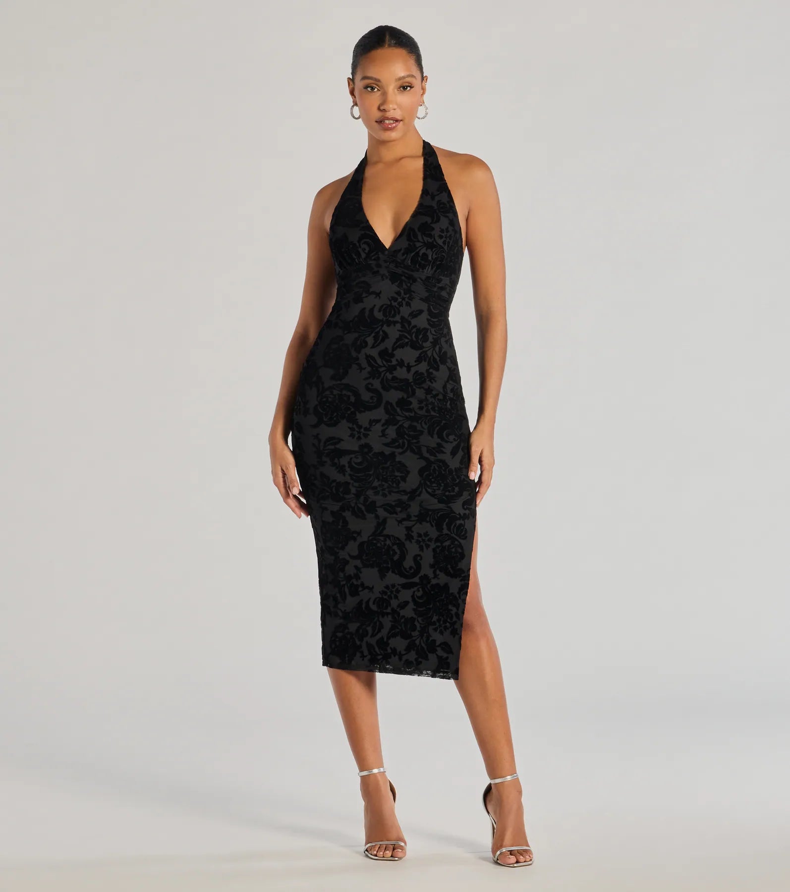 Refined Charm Flocked Velvet Halter Midi Dress