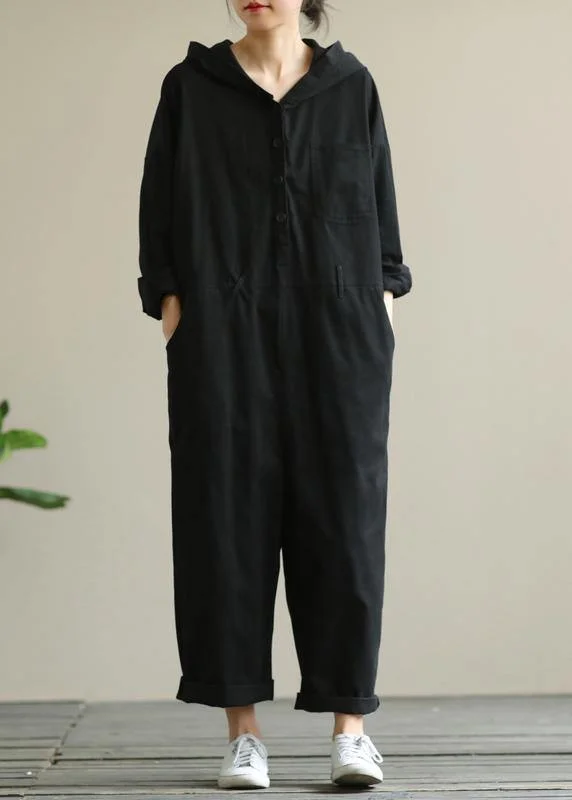 Artistic hooded black all-match long-sleeved casual nine-point jumpsuit