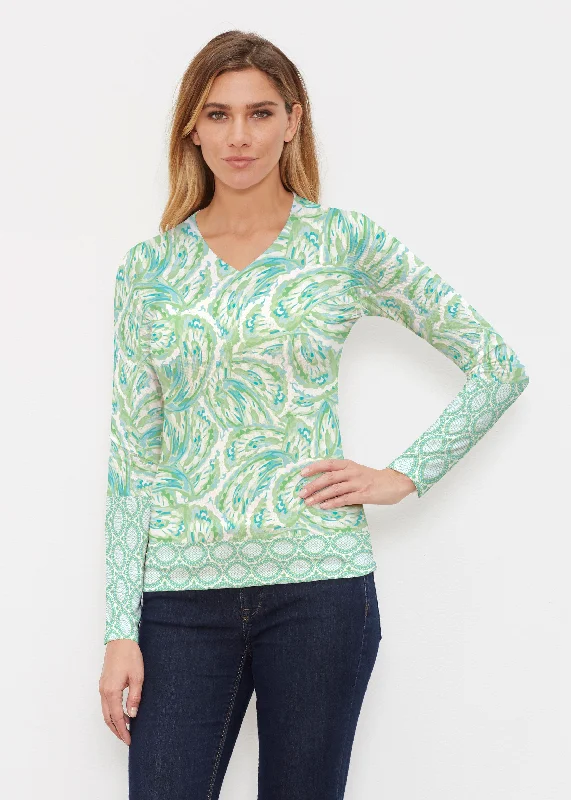 Coastal Paisley Lace Green (7690) ~ Butterknit Long Sleeve V-Neck Top